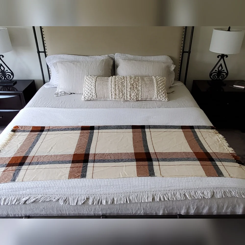 We Three Weavers Handwoven 100% Wool Cream/Black/Terra Cotta Plaid Throw Blanket